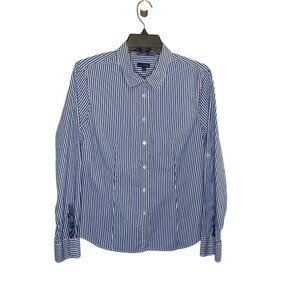 Talbots Button Up Shirt Women's Size 10 Blue White Stripe Long Sleeve JO3069